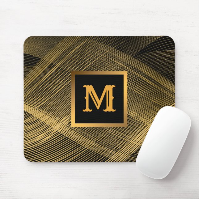 Elegant Luxury Gold Black Wave Monogrammed Mouse Pad (With Mouse)