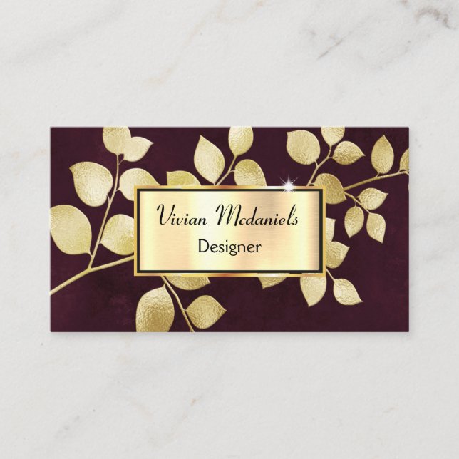 Elegant Luxury Gold & Burgundy Leaves Business Card (Front)