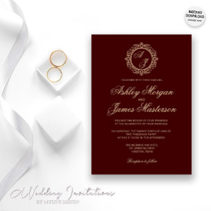 Elegant Luxury Gold Monogram Burgundy Wedding Invitation