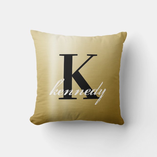 Elegant Luxury Gold Satin Shimmer Monogram Name Cushion (Front)
