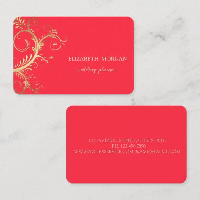 Elegant Luxury Gold Swirls Red Business Card (Front/Back)