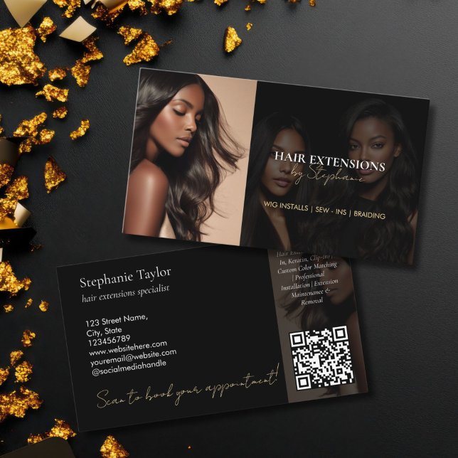 Elegant Luxury Hair Stylist Extensions Wigs  Photo Business Card (modern simple wig and hair extension business card with photo and QR code)