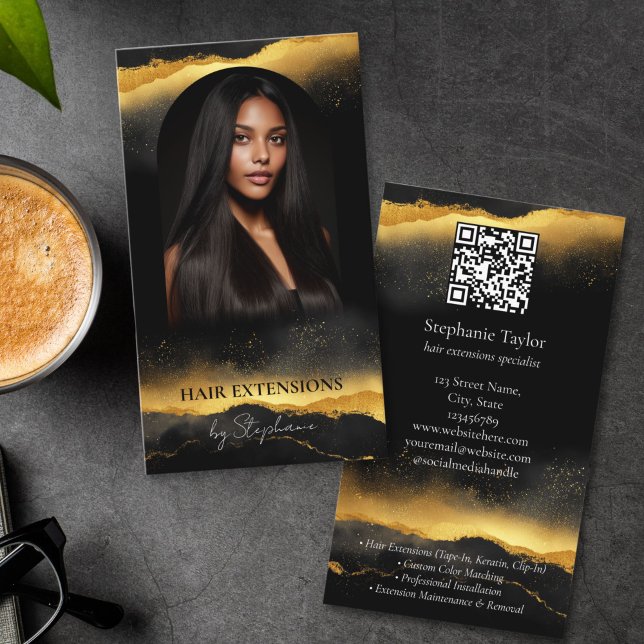 Elegant Luxury Hair Stylist Extensions Wigs  Photo Business Card (chic modern gold and black photo hair extension specialist business cards with qr code and photo)