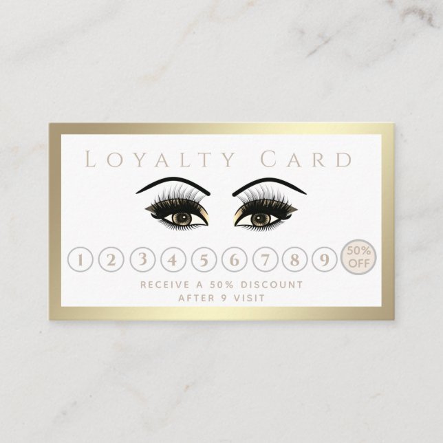 Elegant luxury luminous gold lashes makeup eyes loyalty card (Front)