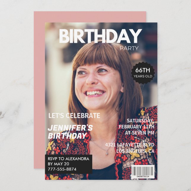 Elegant Luxury Magazine Photo 66th birthday Invitation (Front/Back)