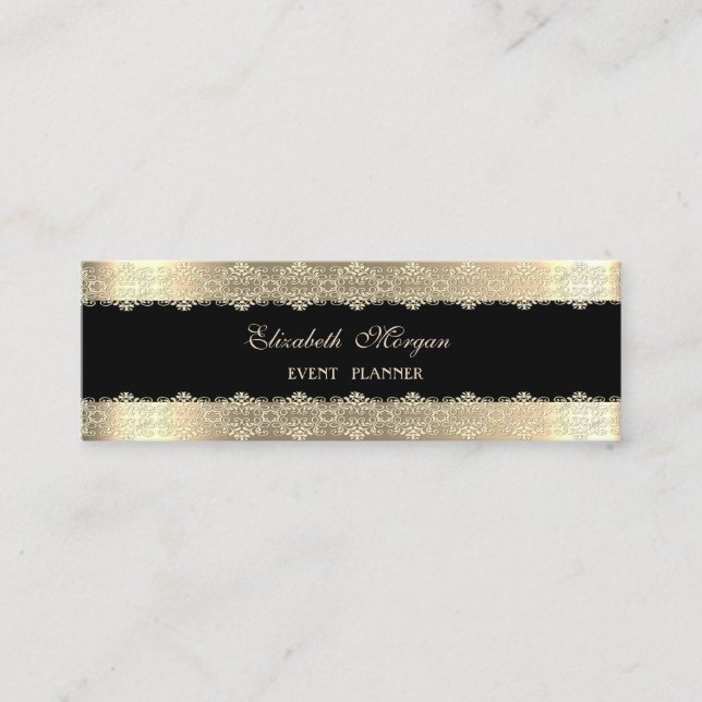 Elegant Luxury  Modern,Black,Gold Striped,Lace Mini Business Card (Front)