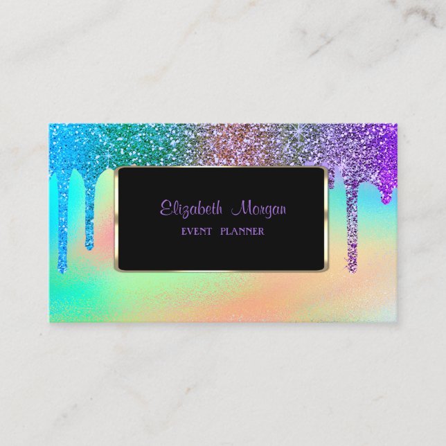 Elegant Luxury Modern,Rainbow Holographic,Drips Business Card (Front)