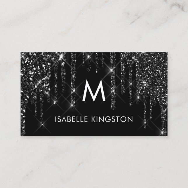 Elegant Luxury Monogram Black Glitter Drips Business Card (Front)