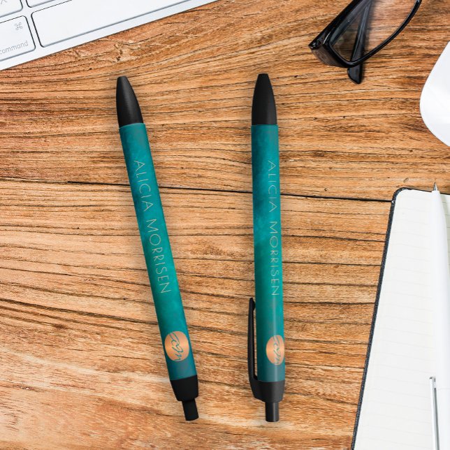 Elegant luxury monogram personalised gold green  black ink pen (Creator Uploaded)