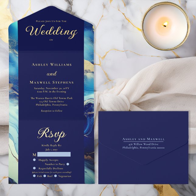 Elegant Luxury Navy Blue and Gold Marble Wedding All In One Invitation (Elegant Luxury Navy Blue and Gold Tone Marble Wedding All in One Gold Foil Invitation)
