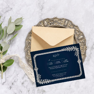 Elegant Luxury Navy Blue and Silver Wedding RSVP Card