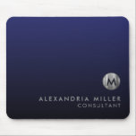 Elegant Luxury Navy Blue Silver Mouse Pad<br><div class="desc">Minimal luxury monogram design with elegant brushed metallic silver medallion; elegant feminine typography with personalised name and title below on a gradient background in shades of navy blue. Personalise for your custom use.</div>