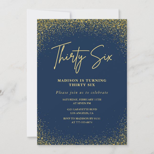 Elegant Luxury Navy Gold Glitter 36th birthday Invitation (Front)