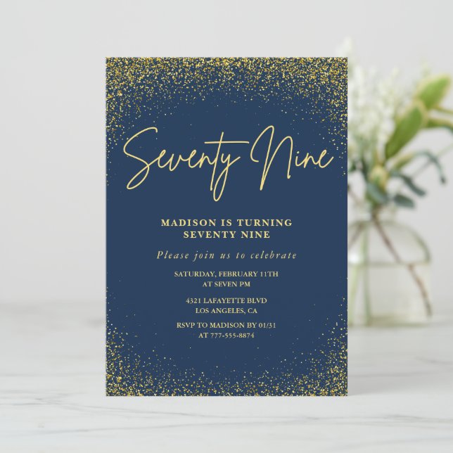 Elegant Luxury Navy Gold Glitter 79th birthday Invitation (Standing Front)
