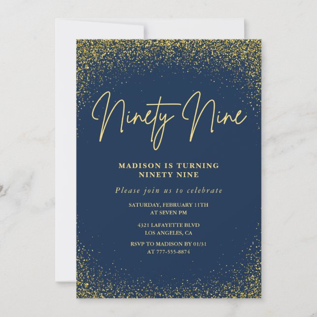Elegant Luxury Navy Gold Glitter 99th birthday Invitation (Front)