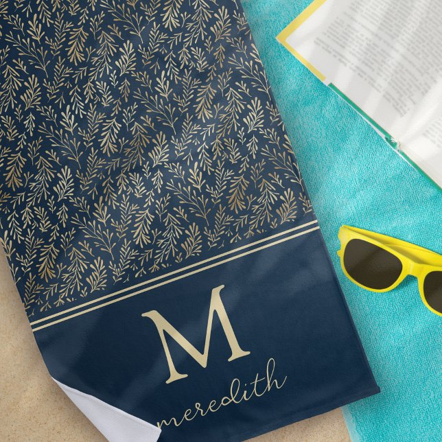 Elegant Luxury Navy Gold Leaf Monogram Beach Towel (Creator Uploaded)