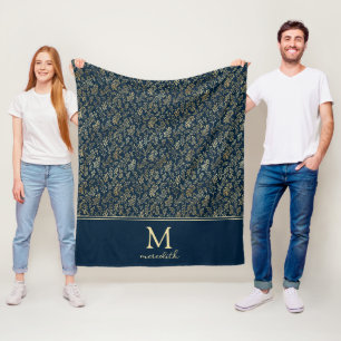 Elegant Luxury Navy Gold Leaf Monogram Fleece Blanket