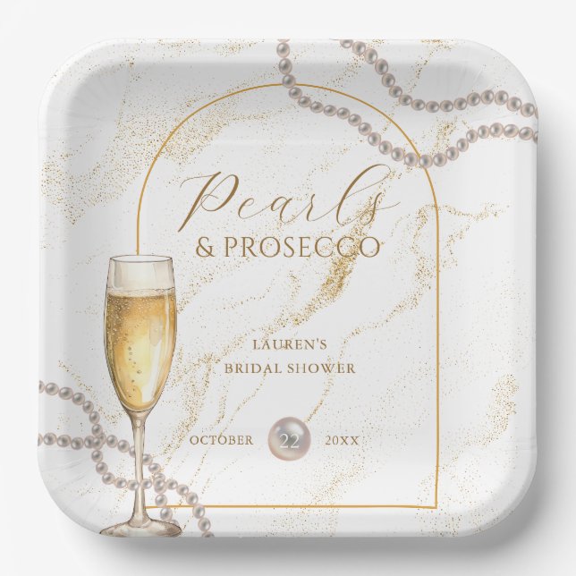 Elegant Luxury Pearls and Prosecco Bridal Shower Paper Plate (Front)