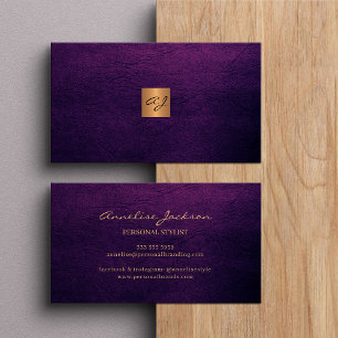 Elegant luxury purple leather copper gold monogram business card