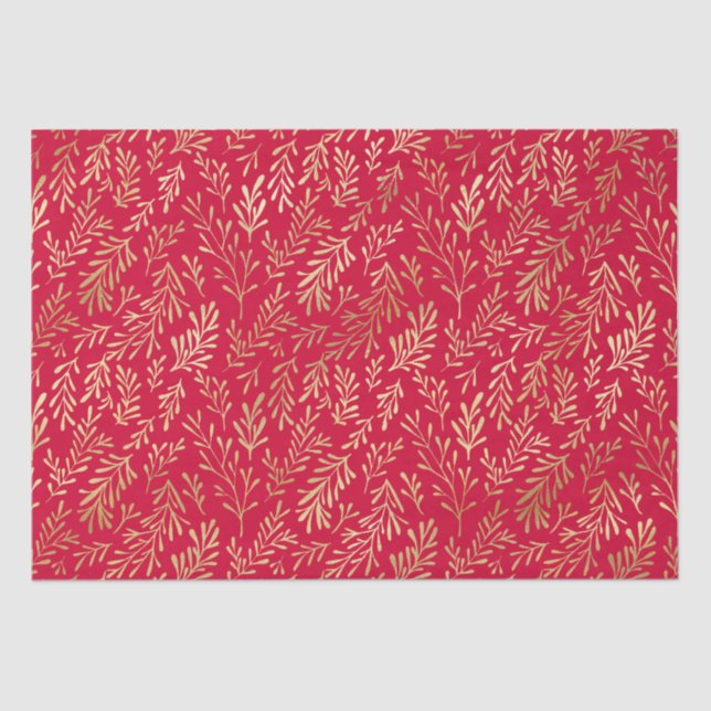 Elegant Luxury Red Gold Leaf Pattern Christmas Tissue Paper (Front)