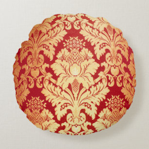 Elegant Luxury Retro Red Gold Damask Pattern Round Cushion
