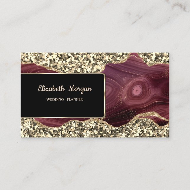 Elegant Luxury Stylish Gold Glitter Burgundy Business Card (Front)