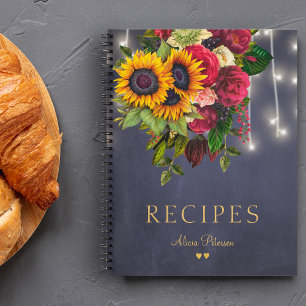 Elegant luxury sunflower and roses navy recipe notebook