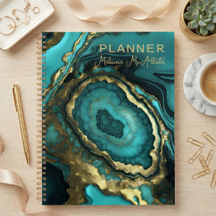 Elegant Luxury Teal Agate & Gold Geode Marble Planner