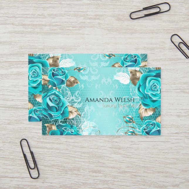 Elegant luxury turquoise gold flowers butique business card (Front/Back In Situ)