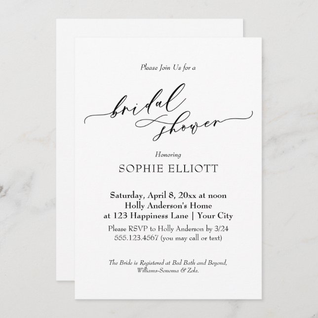 Elegant Luxury Typography Bridal Shower Simple Invitation (Front/Back)
