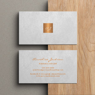 Elegant luxury white leather copper gold monogram business card