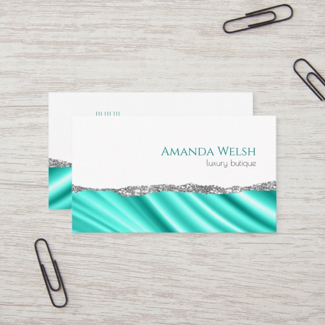 Elegant luxury white silver teal glitter butique business card (Front/Back In Situ)