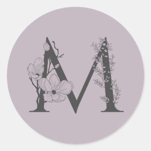 Elegant M Boho Floral Monogram Initial Lilac Grey  Classic Round Sticker