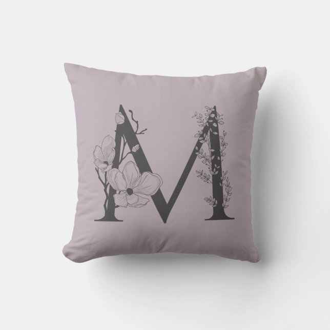 Elegant M Boho Floral Monogram Initial Lilac Grey Cushion (Front)