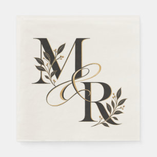 Elegant M & R Wedding Monogram Black Gold Floral  Napkin