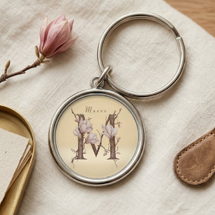 Elegant Maeve M Initial Magnolia Floral Design Key Ring