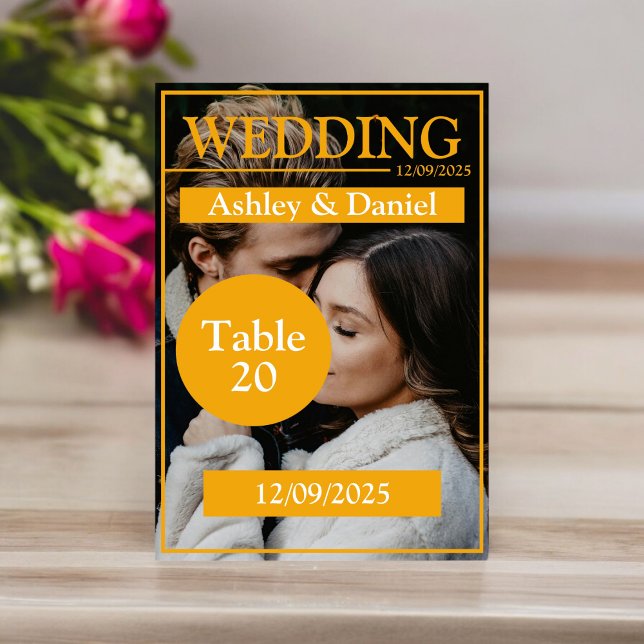 Elegant Magazine Cover Yellow Modern Photo Wedding Table Number (Creator Uploaded)