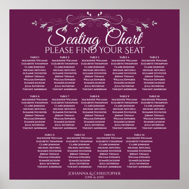 Elegant Magenta 14 Table Wedding Seating Chart (Front)
