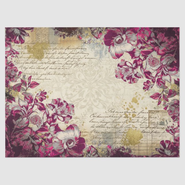 Elegant Magenta Floral Antique Decoupage Print Tissue Paper (Front)