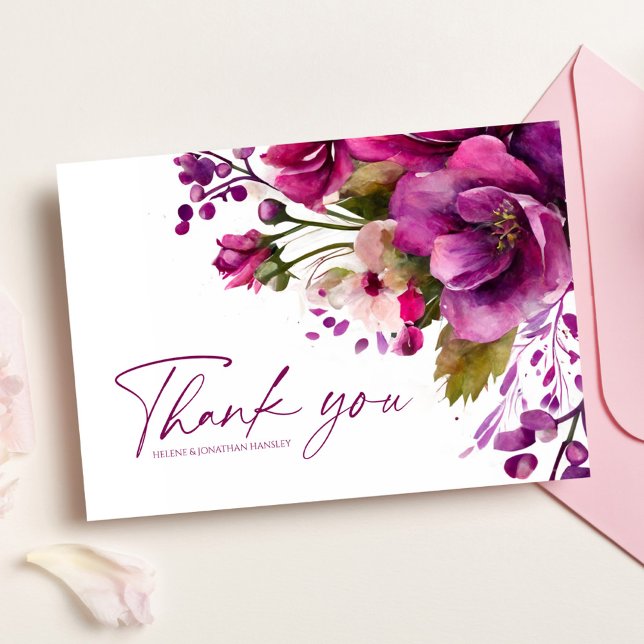 Elegant Magenta Floral Modern Wedding Thank You Card (Creator Uploaded)