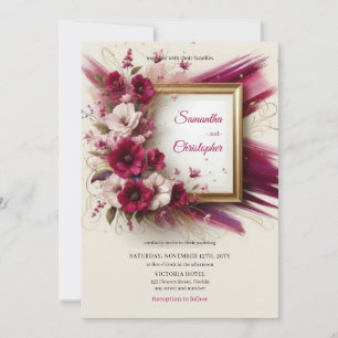 Elegant magenta flowers and gold frame wedding invitation