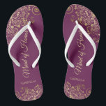 Elegant Magenta & Gold Lacy Maid of Honour Wedding Thongs<br><div class="desc">These beautiful wedding flip flops are a great way to thank and recognise your Maid of Honour while saving her feet at the same time. Features an elegant design with lacy golden frills on a cassis purple, magenta, or berry coloured background and fancy gold coloured script lettering. The test reads...</div>