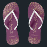 Elegant Magenta & Gold Lacy Maid of Honour Wedding Thongs<br><div class="desc">These beautiful wedding flip flops are a great way to thank and recognise your Maid of Honour while saving her feet at the same time. Features an elegant design with lacy golden frills on a cassis purple, magenta, or berry coloured background and fancy gold coloured script lettering. The test reads...</div>
