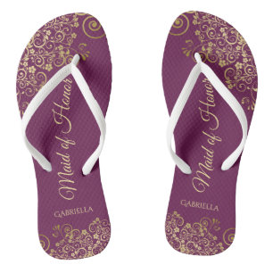 Elegant Magenta & Gold Lacy Maid of Honour Wedding Thongs