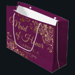 Elegant Magenta & Gold Maid of Honour Wedding Large Gift Bag<br><div class="desc">This beautiful gift bag is designed as a wedding gift or favour bag for the Maid of Honour. It features a beautiful cassis purple, magenta, red plum, or berry coloured background with ornate golden faux foil curls and swirls in the corners. The gold script lettering reads "Maid of Honour" with...</div>