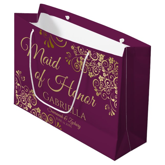 Elegant Magenta & Gold Maid of Honour Wedding Large Gift Bag (Front Angled)