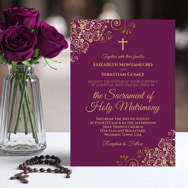 Elegant Magenta & Gold Modern Catholic Wedding Invitation (Creator Uploaded)