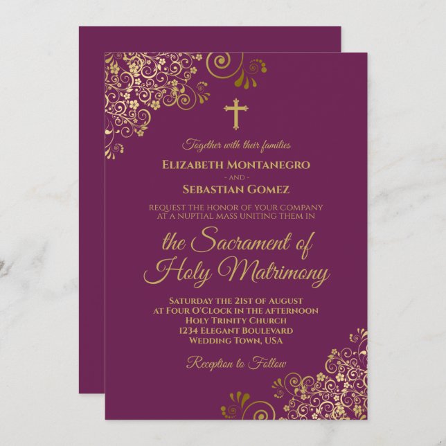 Elegant Magenta & Gold Modern Catholic Wedding Invitation (Front/Back)