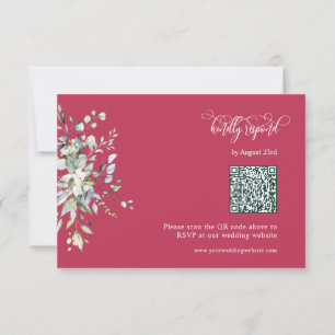Elegant Magenta Green Leaves QR Code Response Card