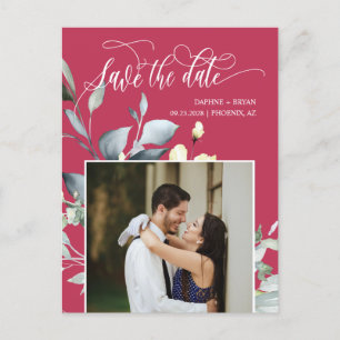Elegant Magenta Green Leaves QR Code Save the Date Announcement Postcard